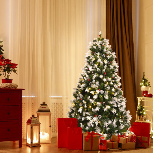 Pre-lit Snow Flocked Christmas Tree with Red Berries and LED Lights-6 ft