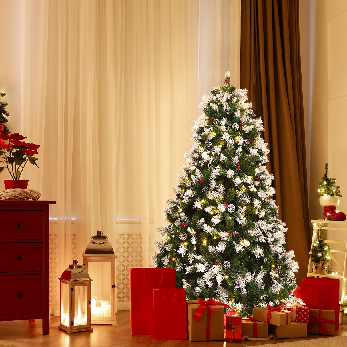 Pre-lit Snow Flocked Christmas Tree with Red Berries and LED Lights-6 ft