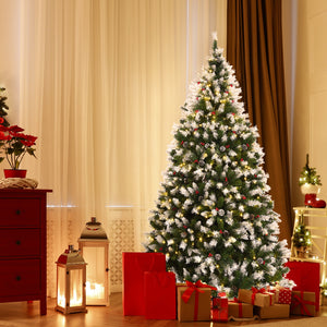 Pre-lit Snow Flocked Christmas Tree with Red Berries and LED Lights-6 ft