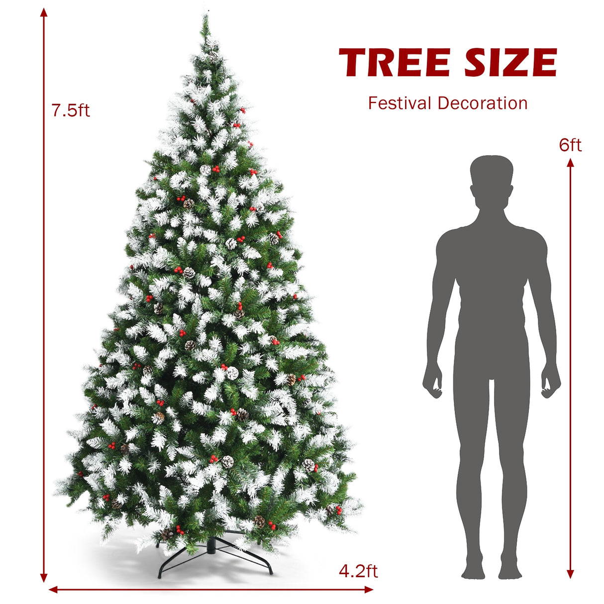 Pre-lit Snow Flocked Christmas Tree with Red Berries and LED Lights-6 ft