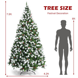 Pre-lit Snow Flocked Christmas Tree with Red Berries and LED Lights-6 ft