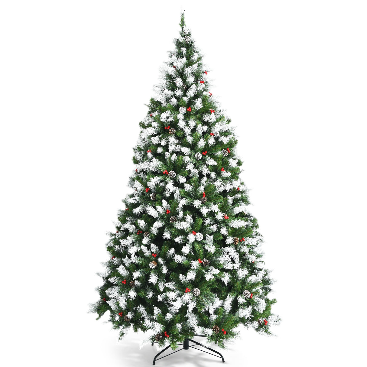 Pre-lit Snow Flocked Christmas Tree with Red Berries and LED Lights-6 ft