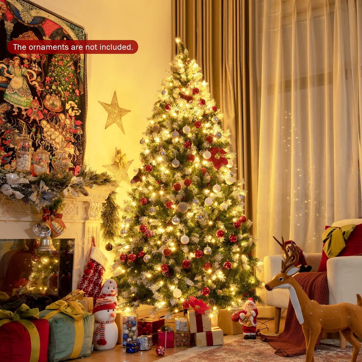 Pre-lit Snow Flocked Christmas Tree with Red Berries and LED Lights-6 ft