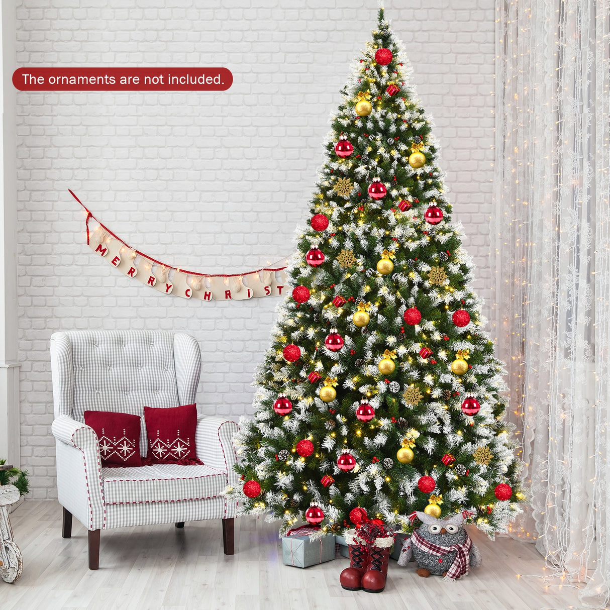 Pre-lit Snow Flocked Christmas Tree with Red Berries and LED Lights-6 ft