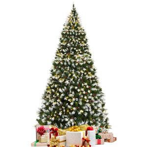 Pre-lit Snow Flocked Christmas Tree with Red Berries and LED Lights-6 ft
