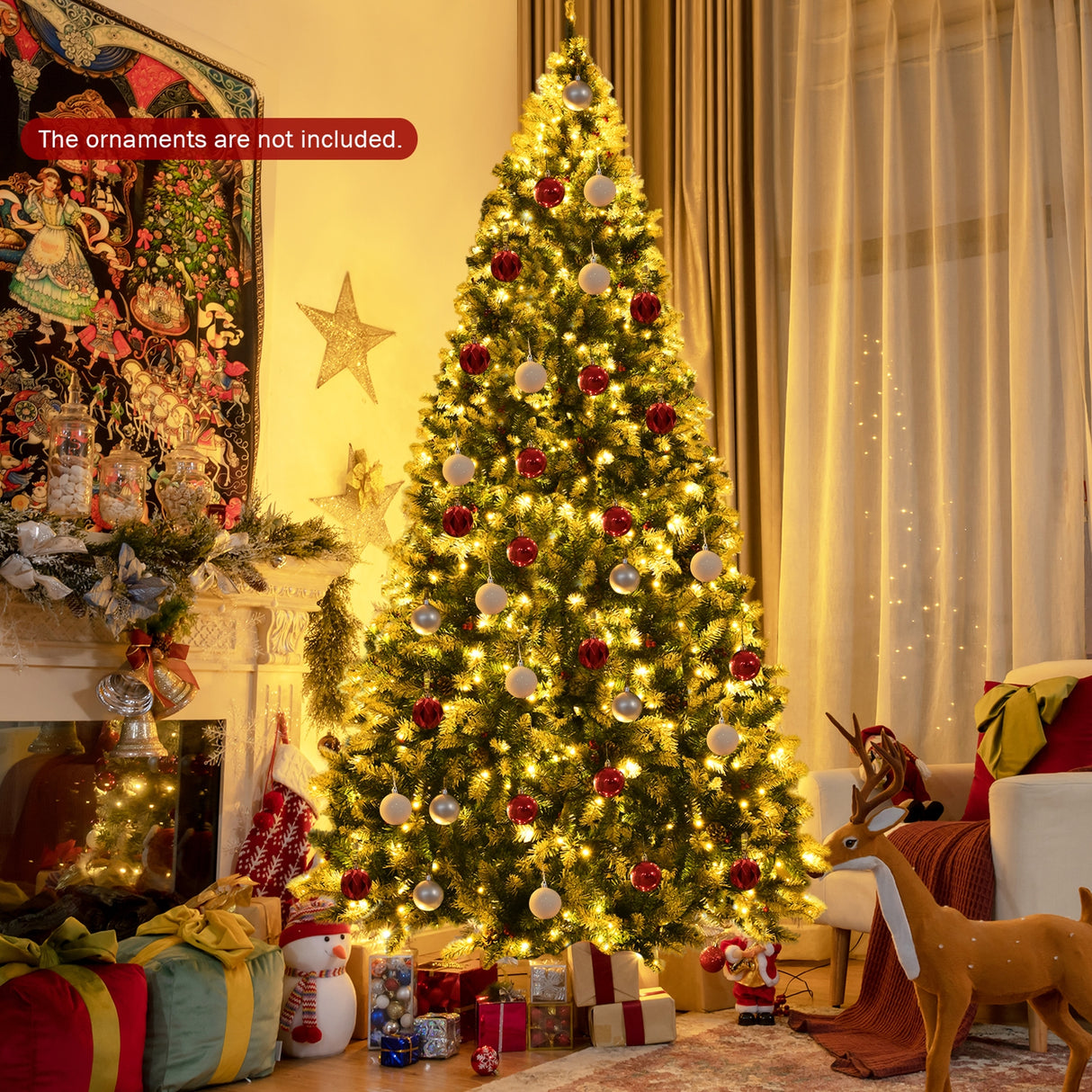 Pre-lit Snow Flocked Christmas Tree with Red Berries and LED Lights-6 ft