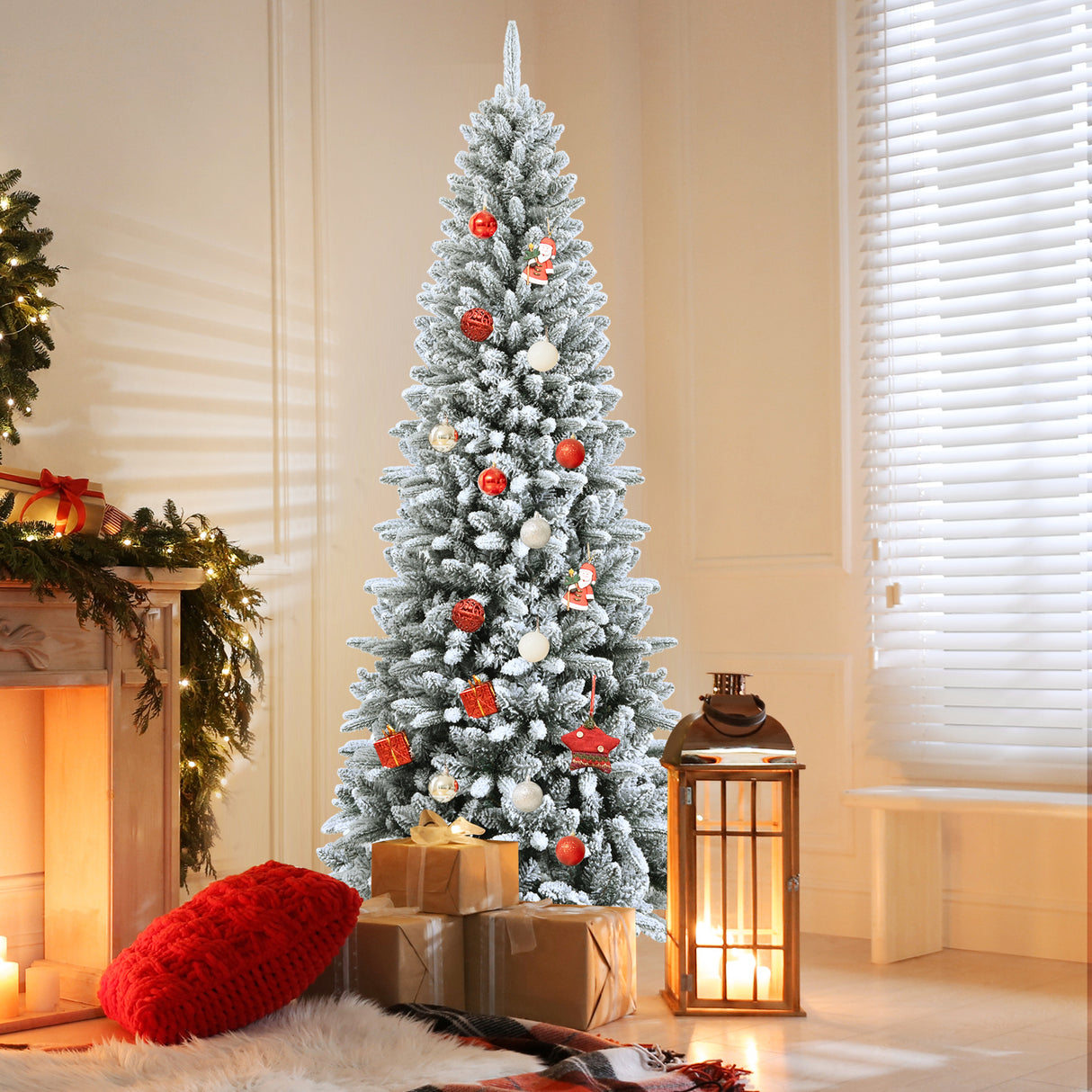 Snow-Flocked Hinged Artificial Christmas Pencil Tree with Mixed Tips-7.5 ft