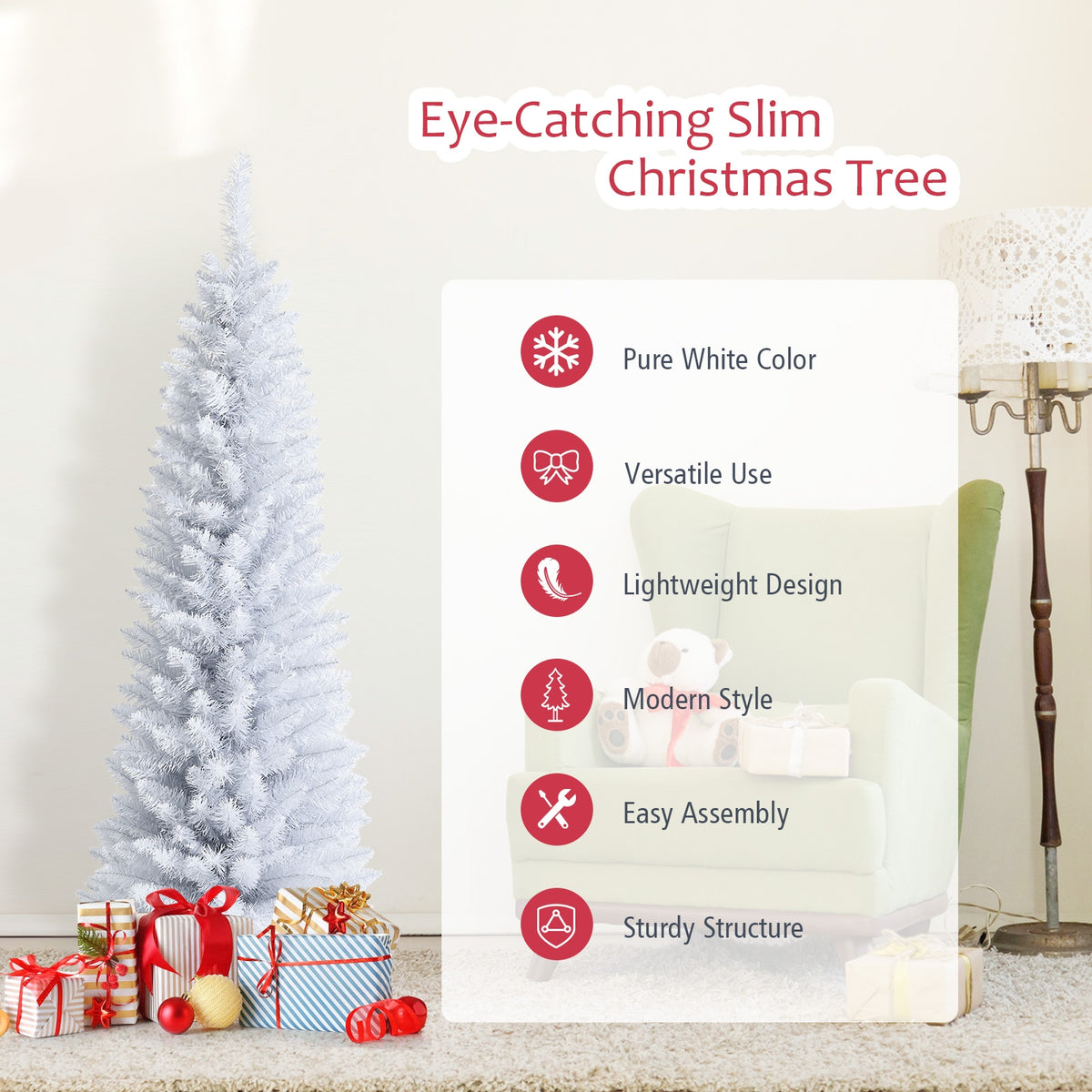 Slim Artificial Christmas Pencil Tree with PVC Needles and Folding Metal Stand-5'