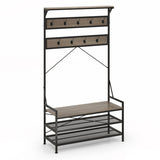 Coat Rack 4-In-1 Hall Tree with 11 Hanging Hooks Shoe Bench-Gray