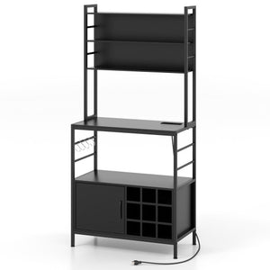 Coffee Bar Cabinet with S-Shaped Hooks and Wine Bottle Holders-Black