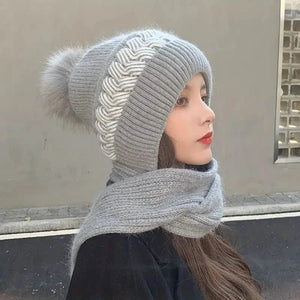 Coldproof Warm Beanie With Pom Classic Hooded Scarf Elastic Knit Hats Warm Beanies