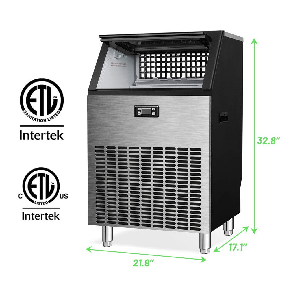 Commercial Ice Maker, Freestanding Square Ice Cube Maker 265lbs/24h, 55lbs Storage Bin, Full Heavy Duty Stainless Steel Construction