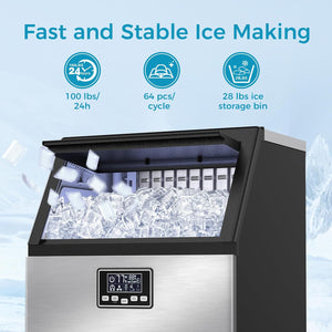 Commercial Ice Maker Machine,100lbs/24H Moon-Shaped Ice Machine with 28 Lbs Storage Capacity