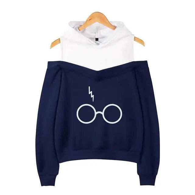 Cool Glasses Printed Hip Hop Off-Shoulder Hoodies Casual Sweatshirt Fashion Hoodie Women Clothing Lightning Scar Glasses Line Drawing Print Hoodie Women Stripes Long Sleeve Hooded Sweatshirts Pullover Pocket Cute Girls School Casual Hoodies
