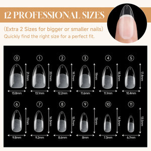 Short Almond Gel x Tips, 504pcs Pre-buff Point Almond Nail Tips Gel x Half Matte Short Almond Acrylic Nails for Nail Salon Almons Shape Press On Nails, 12 Sizes Luckyfairy False Nails C1-Point Almond