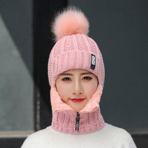 Coral Fleece Winter Women Knitted Hats Add Fur Warm Winter Hats For Women With Zipper Keep Face Warmer Balaclava Pompoms Cap Balaclava Gorgas Bonnet Knitted Hat Windproof Ski Mask Cold Weather Face Mask Motorcycle Balaclava Hood Warmer Winter Sports Cap