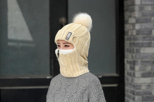 Coral Fleece Winter Women Knitted Hats Add Fur Warm Winter Hats For Women With Zipper Keep Face Warmer Balaclava Pompoms Cap Balaclava Gorgas Bonnet Knitted Hat Windproof Ski Mask Cold Weather Face Mask Motorcycle Balaclava Hood Warmer Winter Sports Cap