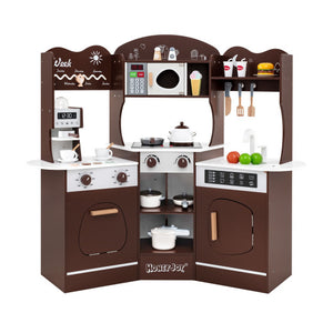 Corner Wooden Play Kitchen with Coffee Machine and Slide for Kids-Brown