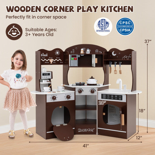 Corner Wooden Play Kitchen with Coffee Machine and Slide for Kids-Brown