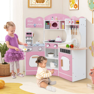 Corner Wooden Play Kitchen with Coffee Machine and Slide for Kids-Pink