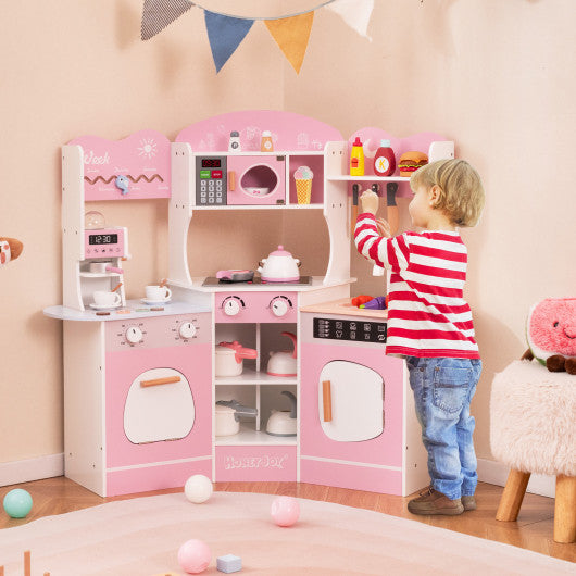 Corner Wooden Play Kitchen with Coffee Machine and Slide for Kids-Pink