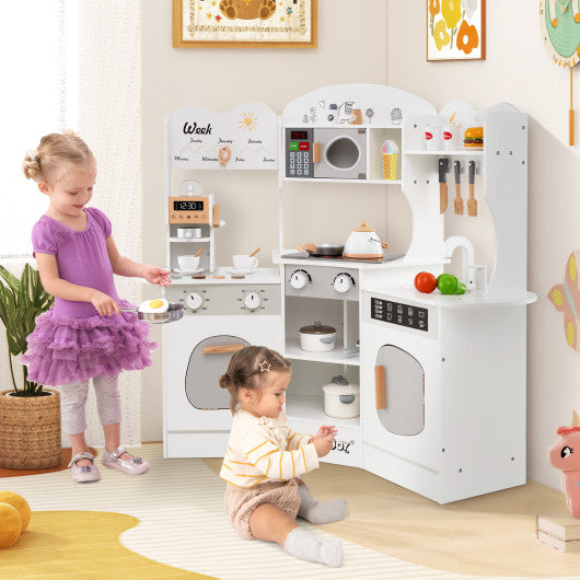 Corner Wooden Play Kitchen with Coffee Machine and Slide for Kids-White