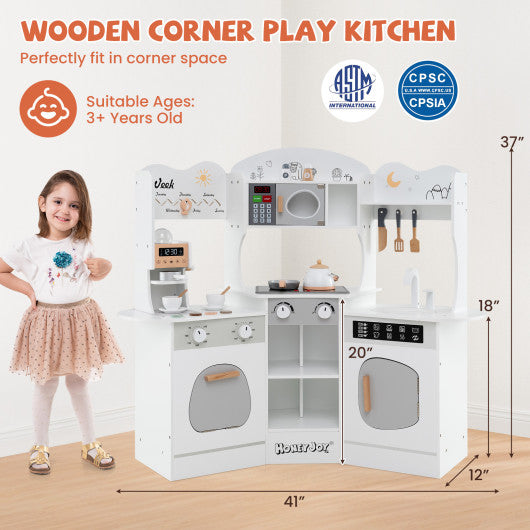 Corner Wooden Play Kitchen with Coffee Machine and Slide for Kids-White
