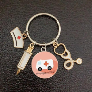 Creative Doctor Keychain Unique Personality Syringe Stethoscope Pendant Keychain Cartoon Colorful Handbag Pendant Keychain Doctor Injection Stethoscope Picture Keychain Round Dome Pendant Women Alloy Keychain