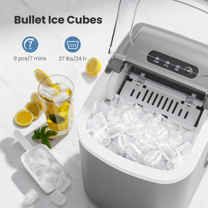 Countertop Ice Maker Machine with Handle, 9 Bullet-Shaped Ice Cubes Ready in 6 Mins, 26Lbs/24H, Self-Cleaning Function with Ice Scoop and Basket for Home/Kitchen/Party (Grey)