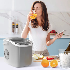 Countertop Ice Maker Machine with Handle, 9 Bullet-Shaped Ice Cubes Ready in 6 Mins, 26Lbs/24H, Self-Cleaning Function with Ice Scoop and Basket for Home/Kitchen/Party (Grey)