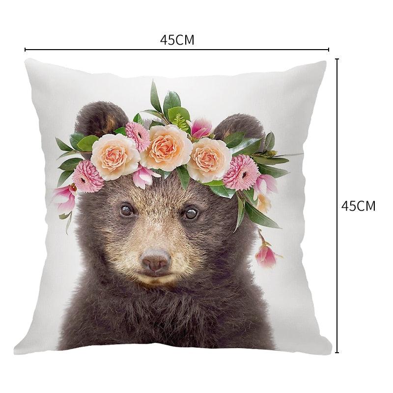 Cute Baby Animals Pattern Pillow Case Cotton Linen Cushion Cover for Home Sofa Pillow Covers, Cushion Covers Tiger Bunny Rabbit Horse Sheep Bear With Head Flowers Decorative Velvet Pillow Covers 45X45CM