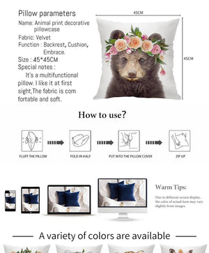 Cute Baby Animals Pattern Pillow Case Cotton Linen Cushion Cover for Home Sofa Pillow Covers, Cushion Covers Tiger Bunny Rabbit Horse Sheep Bear With Head Flowers Decorative Velvet Pillow Covers 45X45CM