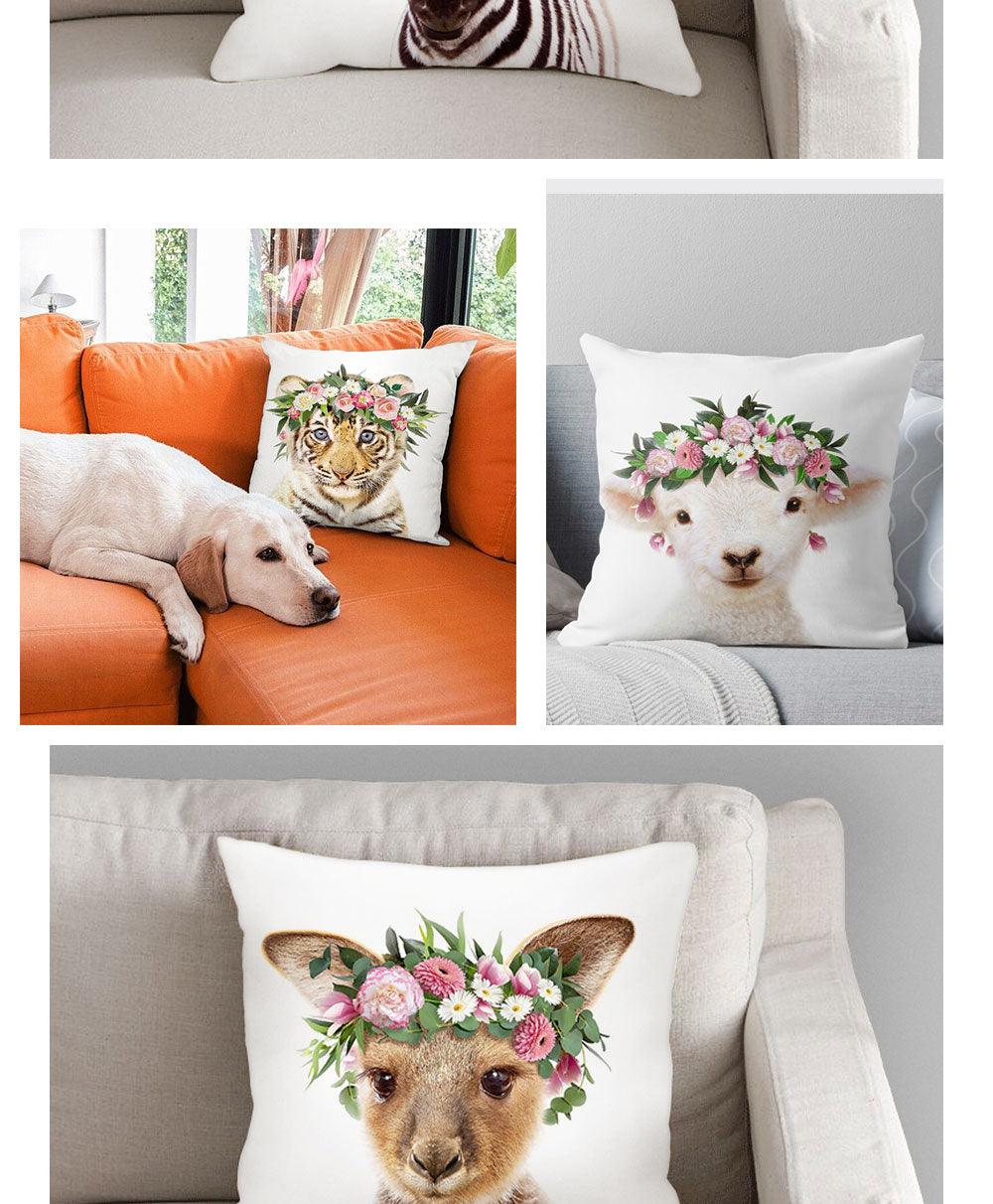 Cute Baby Animals Pattern Pillow Case Cotton Linen Cushion Cover for Home Sofa Pillow Covers, Cushion Covers Tiger Bunny Rabbit Horse Sheep Bear With Head Flowers Decorative Velvet Pillow Covers 45X45CM