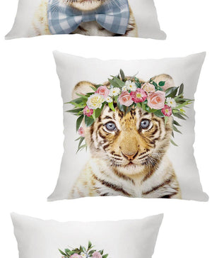 Cute Baby Animals Pattern Pillow Case Cotton Linen Cushion Cover for Home Sofa Pillow Covers, Cushion Covers Tiger Bunny Rabbit Horse Sheep Bear With Head Flowers Decorative Velvet Pillow Covers 45X45CM