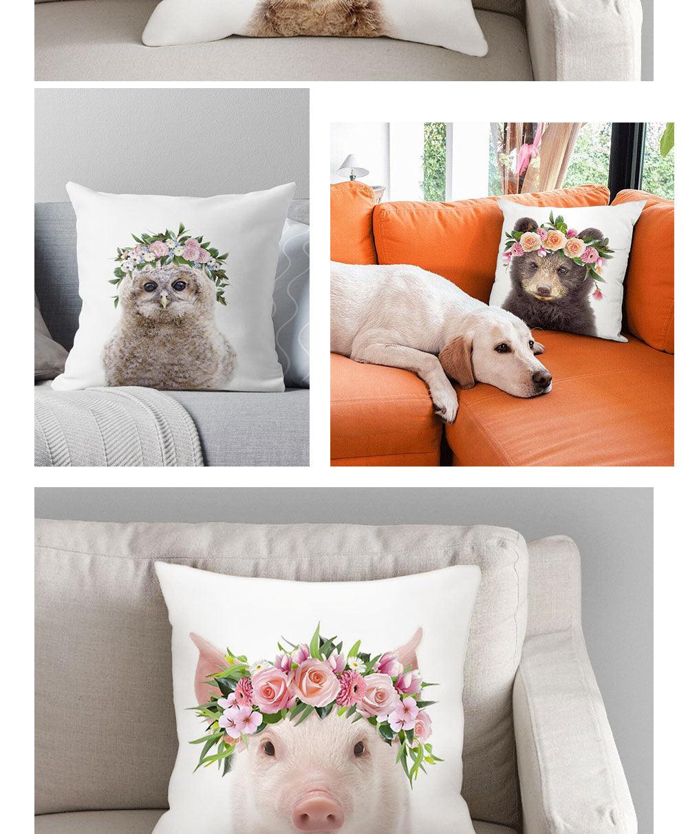Cute Baby Animals Pattern Pillow Case Cotton Linen Cushion Cover for Home Sofa Pillow Covers, Cushion Covers Tiger Bunny Rabbit Horse Sheep Bear With Head Flowers Decorative Velvet Pillow Covers 45X45CM