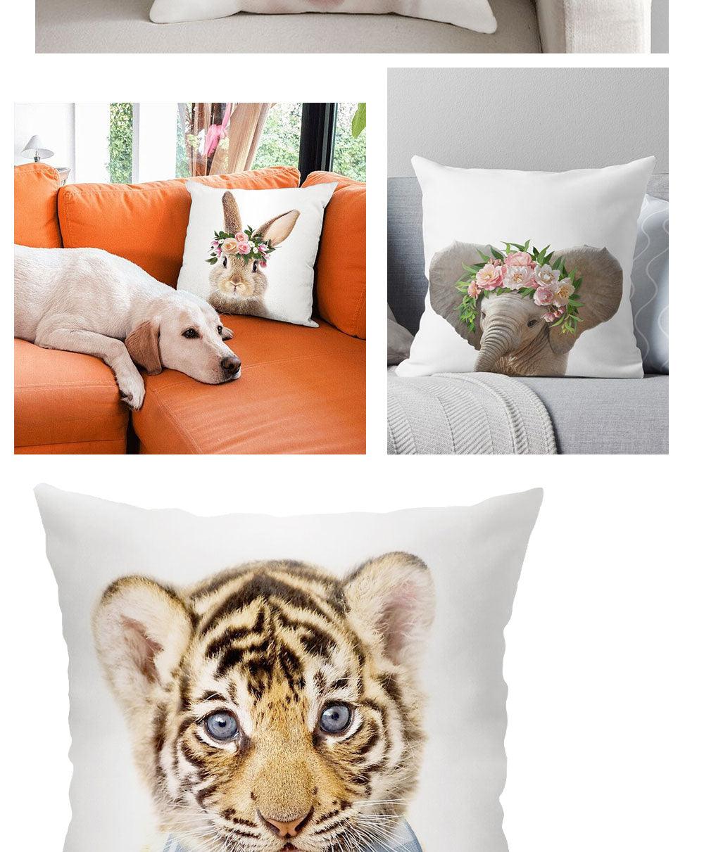 Cute Baby Animals Pattern Pillow Case Cotton Linen Cushion Cover for Home Sofa Pillow Covers, Cushion Covers Tiger Bunny Rabbit Horse Sheep Bear With Head Flowers Decorative Velvet Pillow Covers 45X45CM