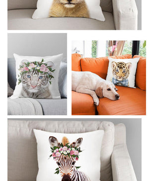Cute Baby Animals Pattern Pillow Case Cotton Linen Cushion Cover for Home Sofa Pillow Covers, Cushion Covers Tiger Bunny Rabbit Horse Sheep Bear With Head Flowers Decorative Velvet Pillow Covers 45X45CM
