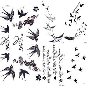 Cute Black Birds Temporary Waterproof Stickers Tattoo Flower Body Elegant Bird Butterfly Style For Womens