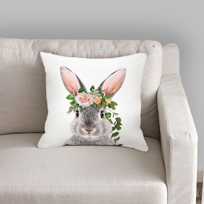 Cute Decorative Pillow Case Cover Grey Rabbit Isolated On A White Background Bunny Tail Back Soft Linen Pillow Case For Decorative Bedroom Case Cushion Covers Home Throw Pillows Flower Pillow Case Rabbit Sofa Animal Cushion Cover 45X45CM