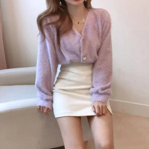 Cute Kitty Chic Fashionable V-Neck Single Breasted Mink Short Knitted Sweaters Outerwear For Women Autumn Long Sleeve Sweater Coat