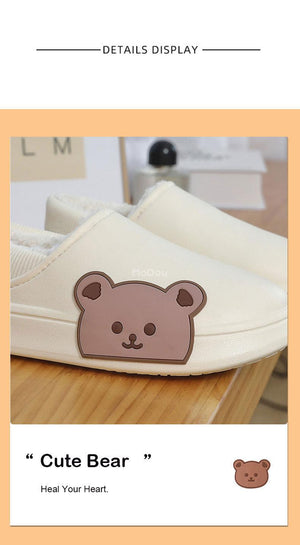 Cute Side Bear Waterproof Cotton Women Shoes Winter Warm Indoor Outdoor Wrapped Heel Slippers EVA Comfort Memory Foam Slippers Waterproof Non Skid Warm Washable Cotton Shoes Loafer Slippers