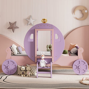 A whimsical children's room features the Princess Carriage Bed with Crown in purple, complemented by star and moon wall decorations. Plush toys accompany cushions on the floor, while a small ladder leads to this platform car bed with stairs, creating a soft-colored, playful fairy tale theme.