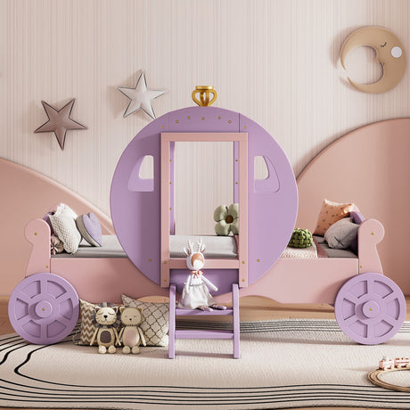 A whimsical children's room features the Princess Carriage Bed with Crown in purple, complemented by star and moon wall decorations. Plush toys accompany cushions on the floor, while a small ladder leads to this platform car bed with stairs, creating a soft-colored, playful fairy tale theme.