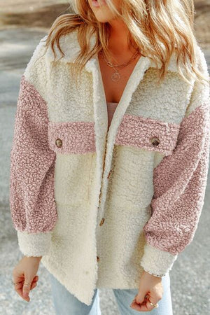 Women Cute Sherpa Jacket with Button Closure and Collared Neck in Elegant Retro Style
