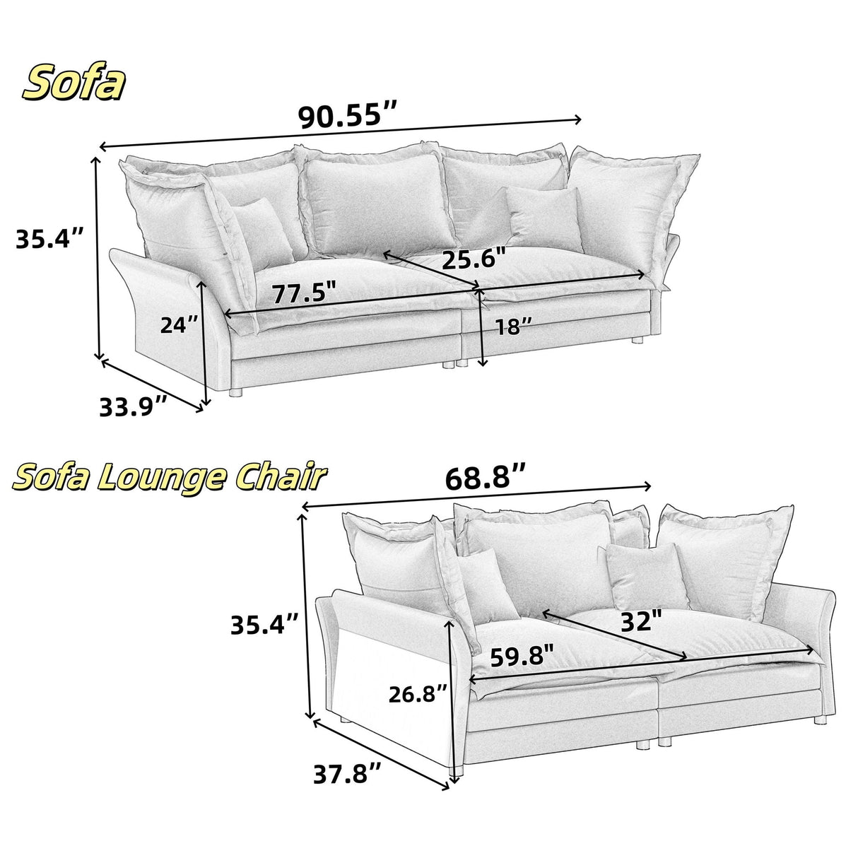 Modern Comfy Upholstered Sofa Cloud Couch, Deep Seat Couches With Multiple Large Soft Pillows by Couch.com
