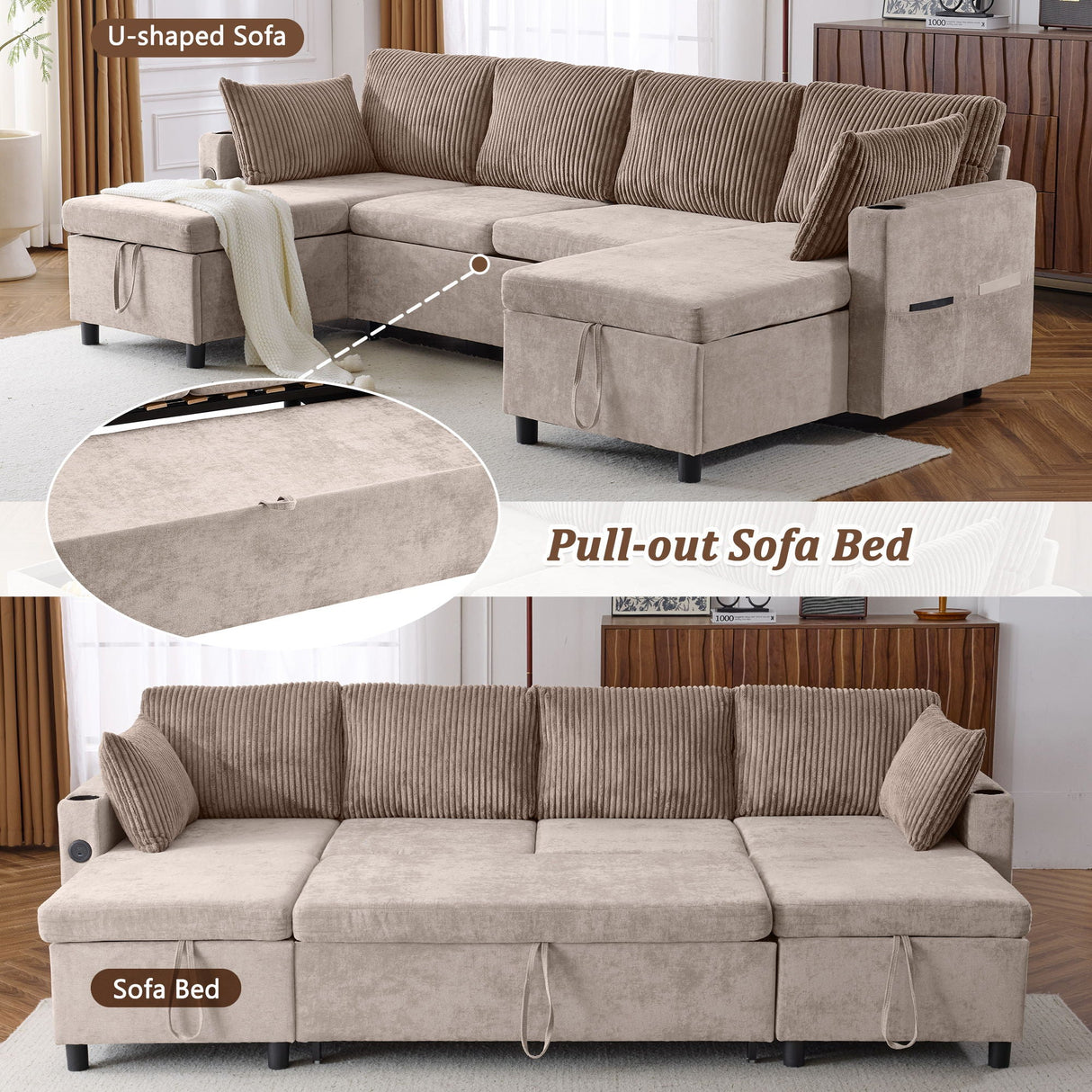 Sectional Sofa Pull Out Sofa Bed Versatile Sofa Sleeper With Large Storage Space, Two USB Ports And Two Cup Holders For Living Room by Couch.com