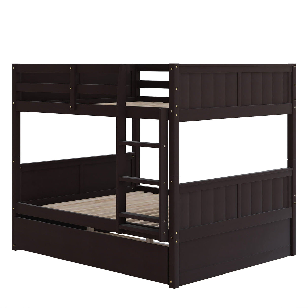 The "Bunk Bed With Twin Size Trundle" is crafted from dark wood and features a modern slatted design with a polished finish. It includes a side ladder for easy access, safety rails on the top bunk, and provides both style and security.