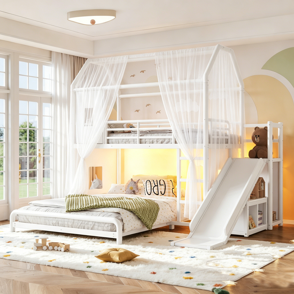 Twin over Full Playhouse Metal Bunk Bed with Slide & Ladder, House-Style Bunk Bed with LED Light Strip, Privacy Curtain, Movable Storage Cabinet and Hanging Rod, Twin over Full Kids Bunk Bed, White
