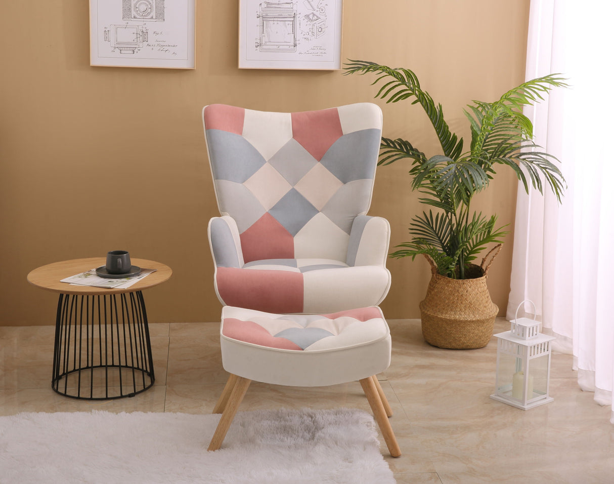 Accent Chair With Ottoman, Living Room Chair And Ottoman Set, Comfy Side Armchair For Bedroom, Creative Splicing Cloth Surface by Couch.com