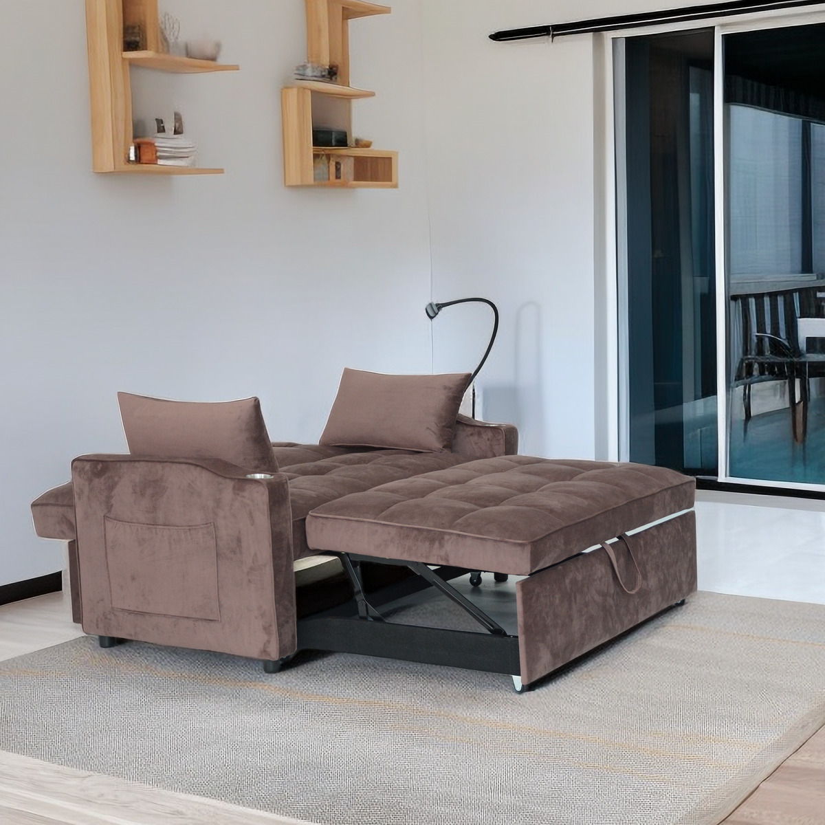 3 In 1 Convertible Sleeper Sofa Bed, Modern Velvet Fabric Futon Sofa Couch Pullout Bed, Adjustable Backrest With Three USB Ports, Two Side Pockets, Two Cup Holders And Swivel Phone Holder by Couch.com